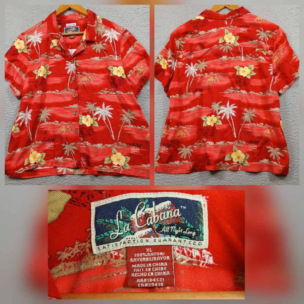 La Cabana Hawaiian Shirt Mens XL Red Tropical Palm Tree Floral Rayon Button Up